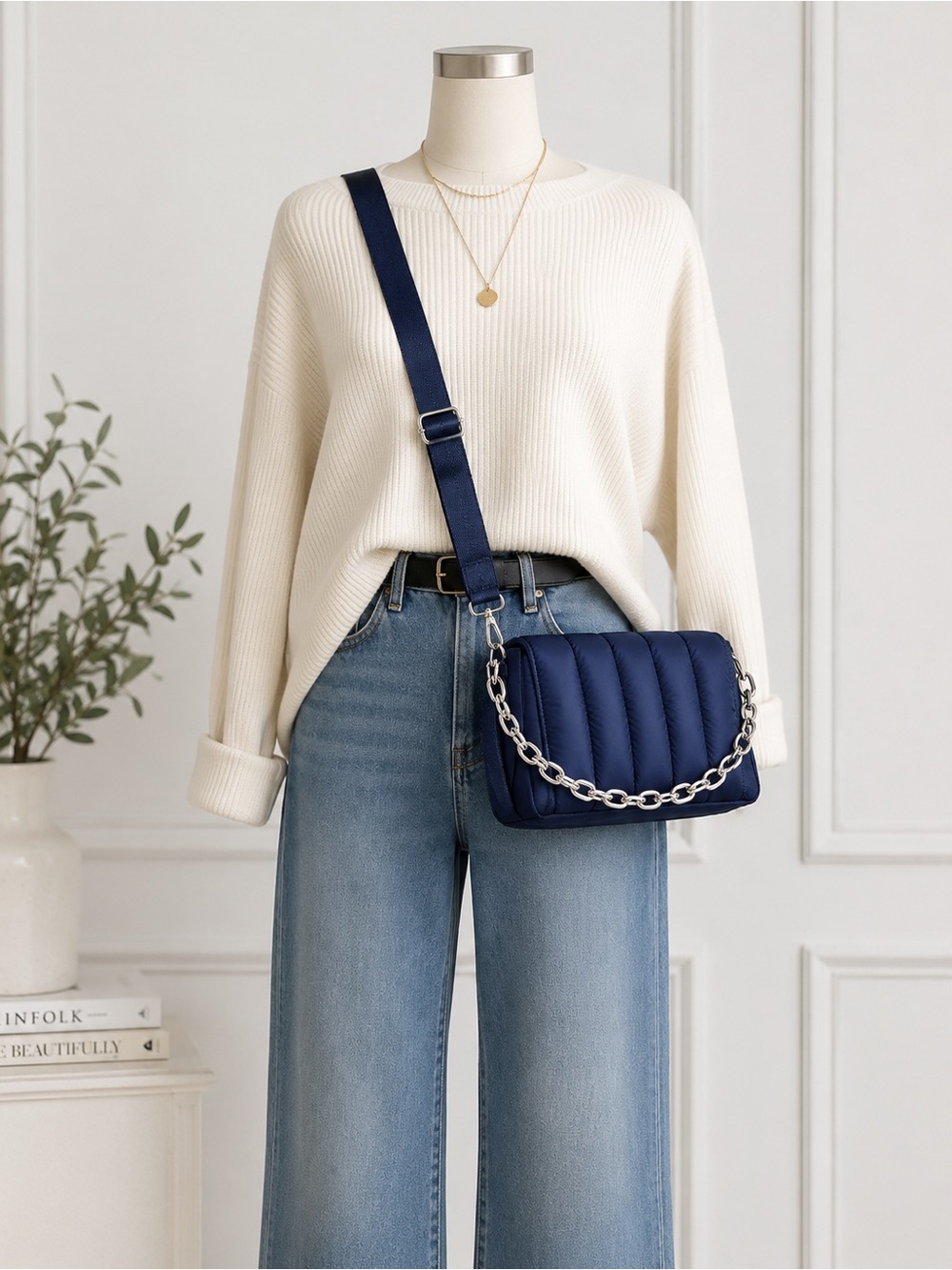 Navy Quilted Crossbody Bag with Gold Chain Accent